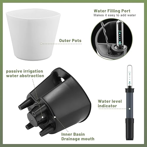 Miniatura 9 de Macetas de riego automático para plantas de interior y exterior, maceta de 7 pulgadas con indicador de nivel de agua, color gris, paquete de 3
