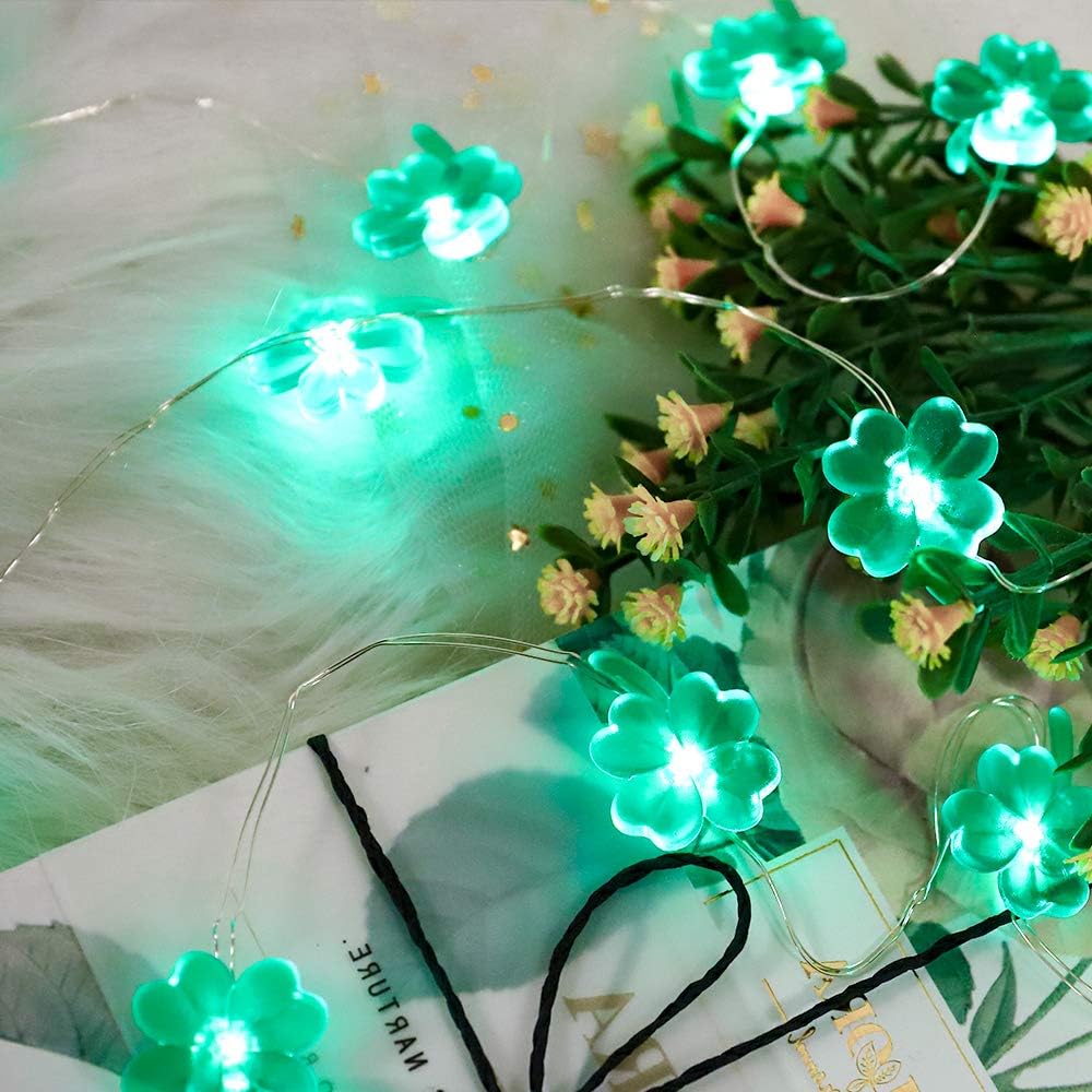 St. Patrick’s Day Shamrock String Lights, 10ft 40 LEDs Battery Operated Green Lucky Four-Leaf Clover Fairy Lights with Remote & Timer for St. Patrick's Day Decoration Irish Party Indoor Outdoor Decor
