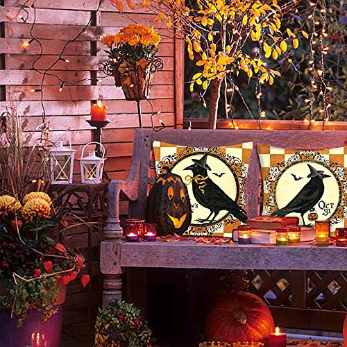 Halloween Decor Throw Pillow Covers 18X18 Set Of 2 Oct 31 Farmhouse Vintage Halloween Decorative Pillow Covers Halloween Crow Orange Plaid Pillow Cushion Covers For Home Holiday Sofa Chair Decor #TOP3