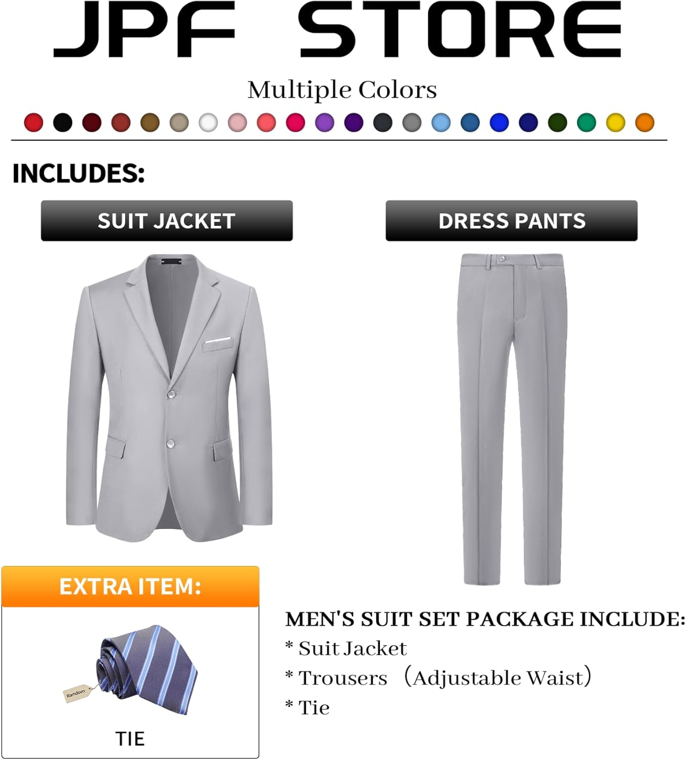 JPF Men's 2 Piece Slim Fit Suit Set, Two Button Solid Jacket Pants with Tie Suits for Men