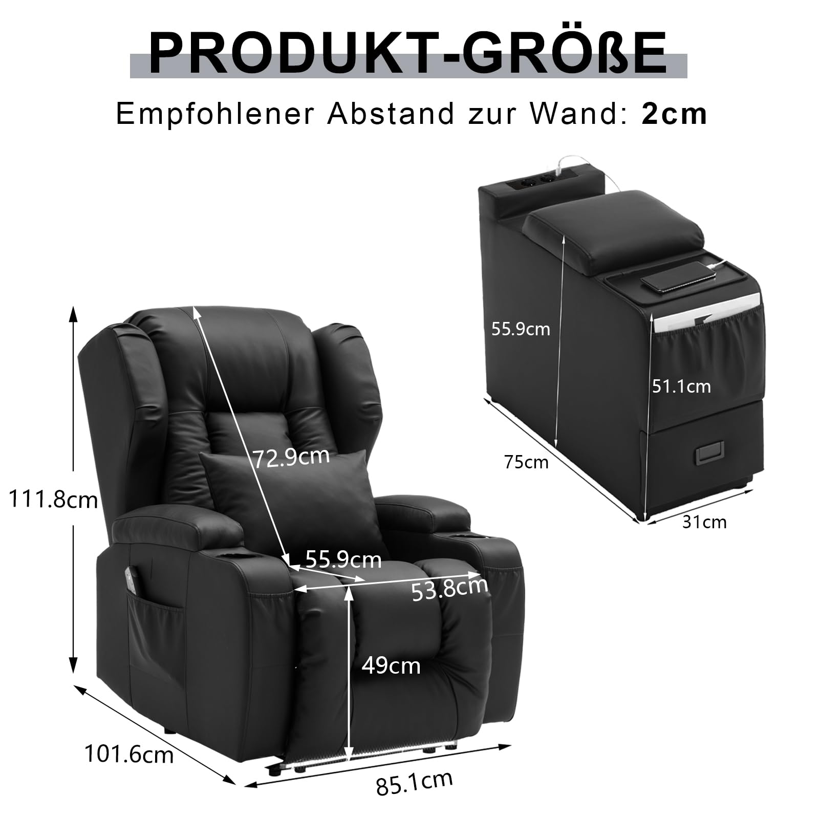 Elektrisch Verstellbar Relaxsessel mit Liegefunktion Kunstleder Fernsehsessel TV Sessel Massage Wärme LED USB bis 150 kg Schwarz 2er Set