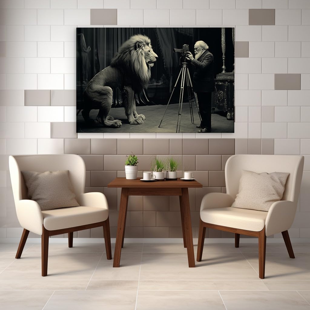 Canvas for Living room. Man, Camera, and the Stoic Lion An Artistic Tribute to Vintage Photography, 27 x 18 inch Canvas Wall Art - Retro Home Decor - 69x46 cm (27x18 inch)