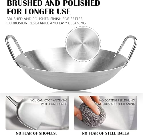 Miniatura 4 de Wok chino de acero inoxidable con fondo redondo con doble asa Wok de grado profesional para el hogar, restaurante, cocina (10.2 in10.2 pulgadas)