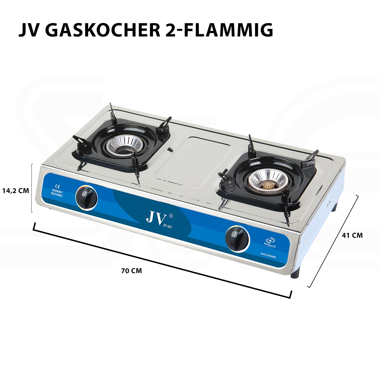 Bluecraft Gaskocher Camping 2-flammig, 9 kW, Edelstahl, mit Zündsicherung | Campingkocher für Propan Gasflasche, hochwertige Wokbrenner, Turboeffekt, Gasschlauch & 50 mbar Outdoor Gasdruckregler