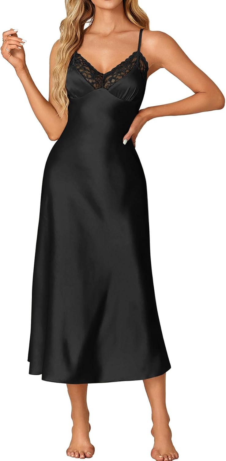OPOIPIN Women's Satin V Neck Lace Trim Spaghetti Straps Sleeveless Chemise Lingerie Nightdress Nightgown - Image 6