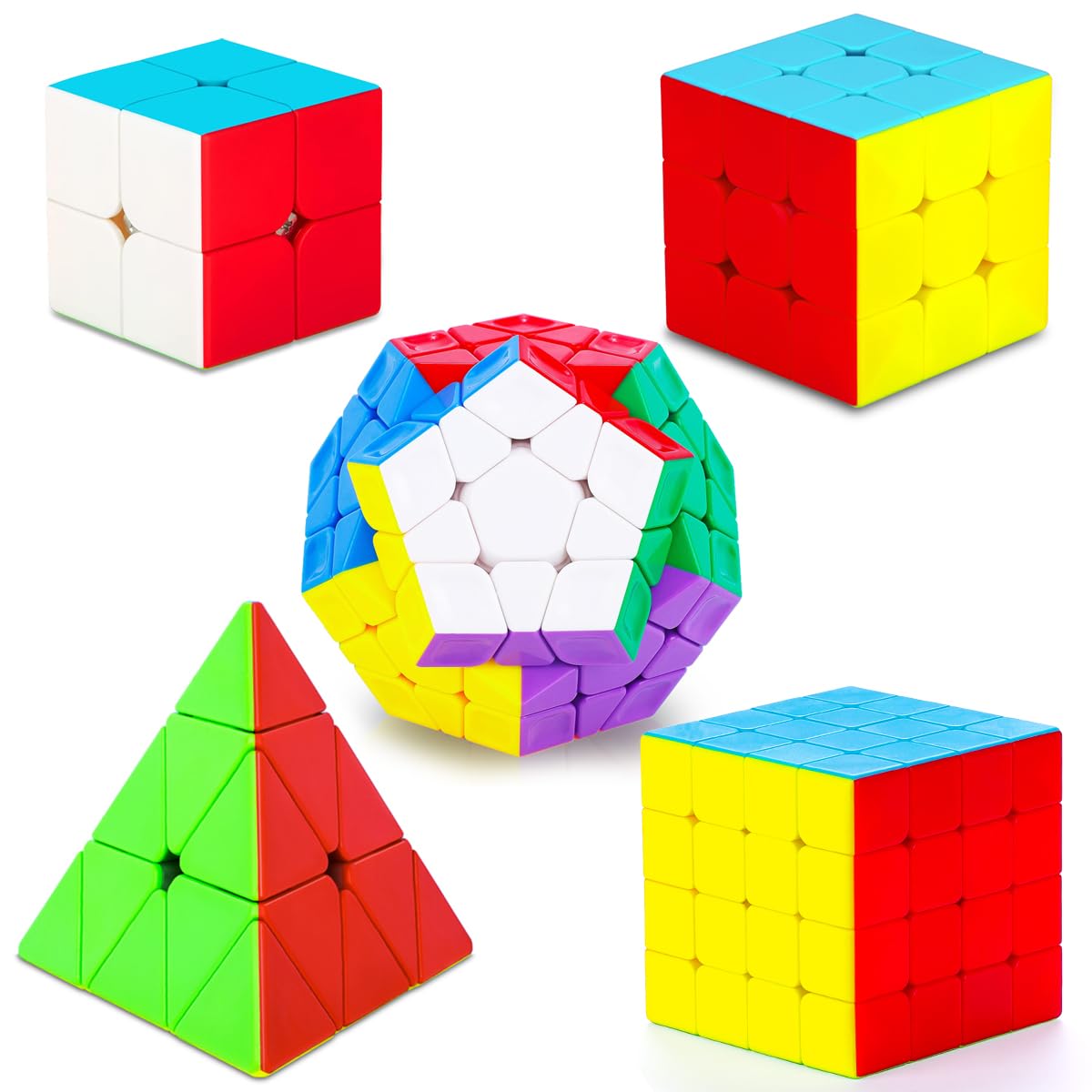 Coolzon Speed Cube Set 5 Pack Magic Puzzle Cubes Pyraminx Pyramid + Megaminx + 2x2x2 + 3x3x3 + 4x4x4 Cube Stickerless Puzzles for Kids Adults