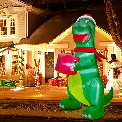 Twinkle Star Christmas 8Ft Inflatables Lighted Green Dinosaur With Christmas Hat And Gift Box, Blow Up Indoor Outdoor Xmas Decor Lawn Yard Garden Decorations #TOP1