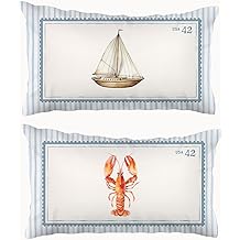 Blue Coastal Throw Pillow Cover 12x20 Set of 2, Stripes Lobster Sailboat Decorative Lumbar Pillow Covers for Bedroom Living Room College Dorm Lake House Home Sofa Couch,Beach Gifts for Women