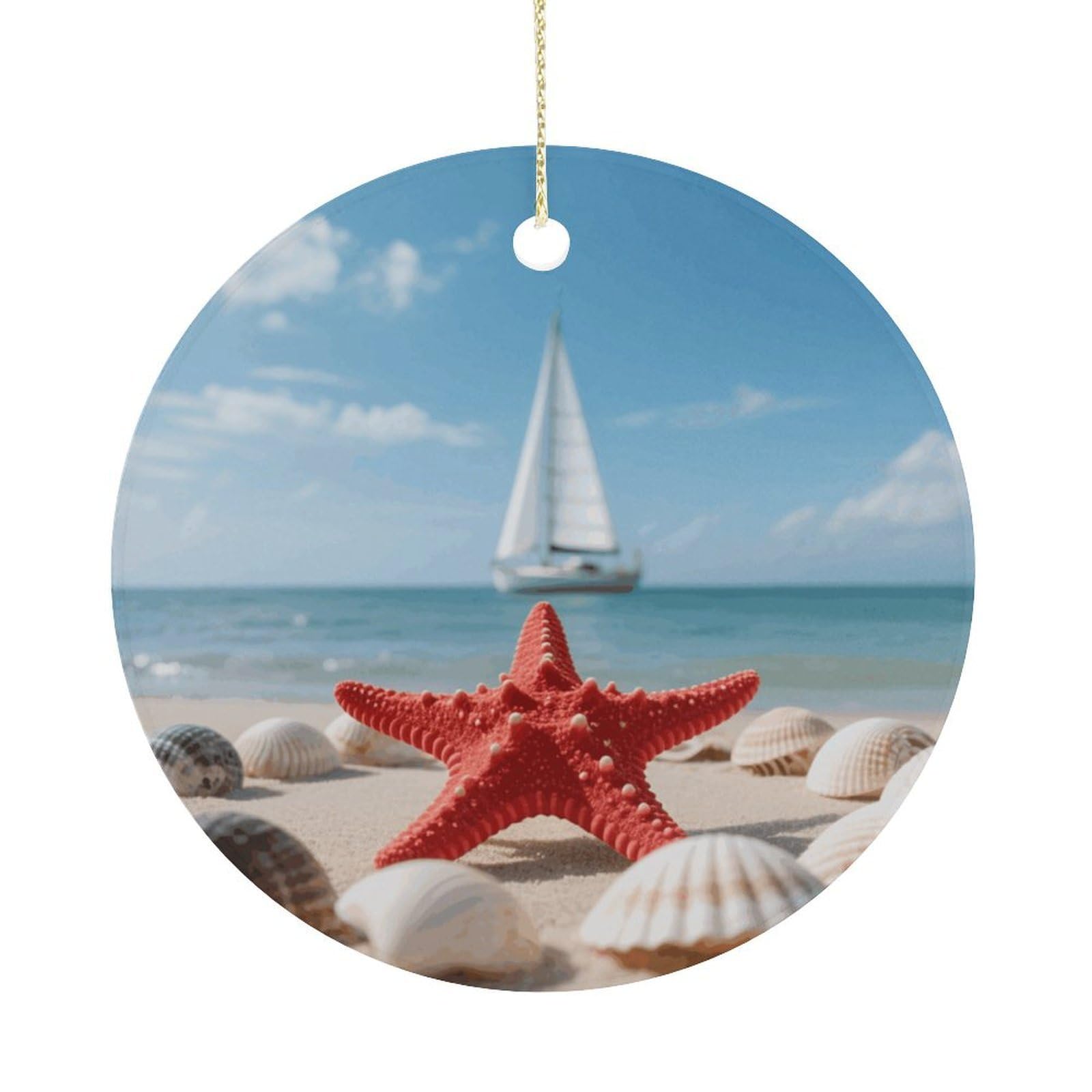 Personalized Christmas Ornaments 2025 Ceramic Hanging Beach Starfish Lighthouse Ornaments with Gold String Double-Sided Vintage Holiday Decorations for Tree Mantel Tabletop Xmas Party Favors