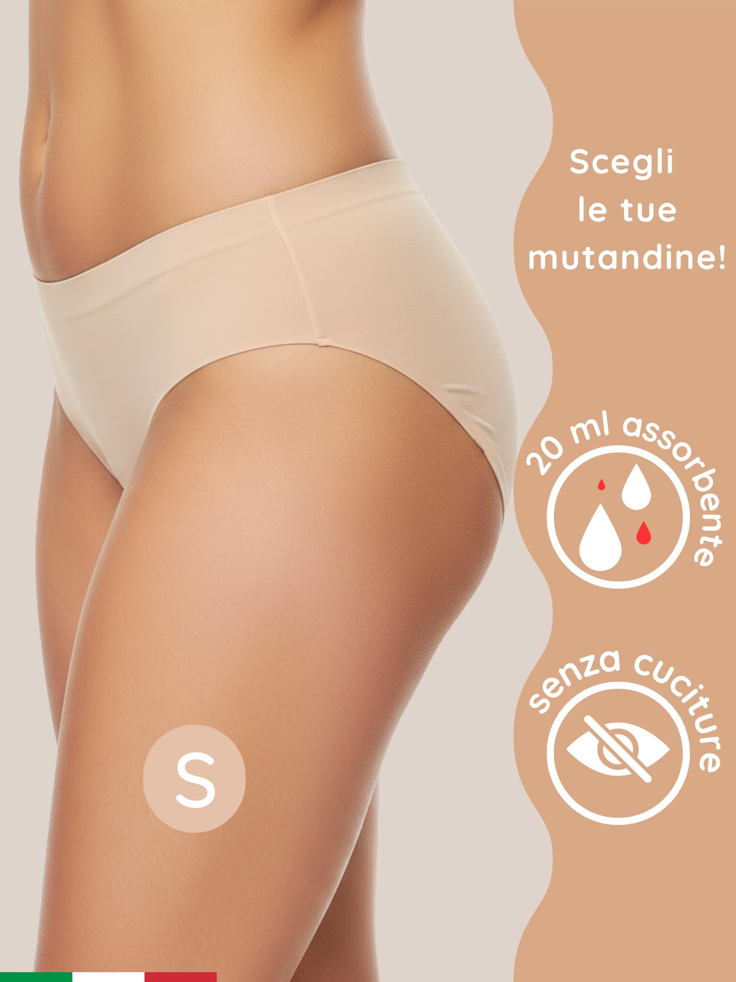 NoBlood - 3 Mutande Mestruali Invisibili Senza Cuciture Beige Colore Carne | Senza cuciture: mutande invisibili beige, leggere e assorbenti. Comode in nylon.