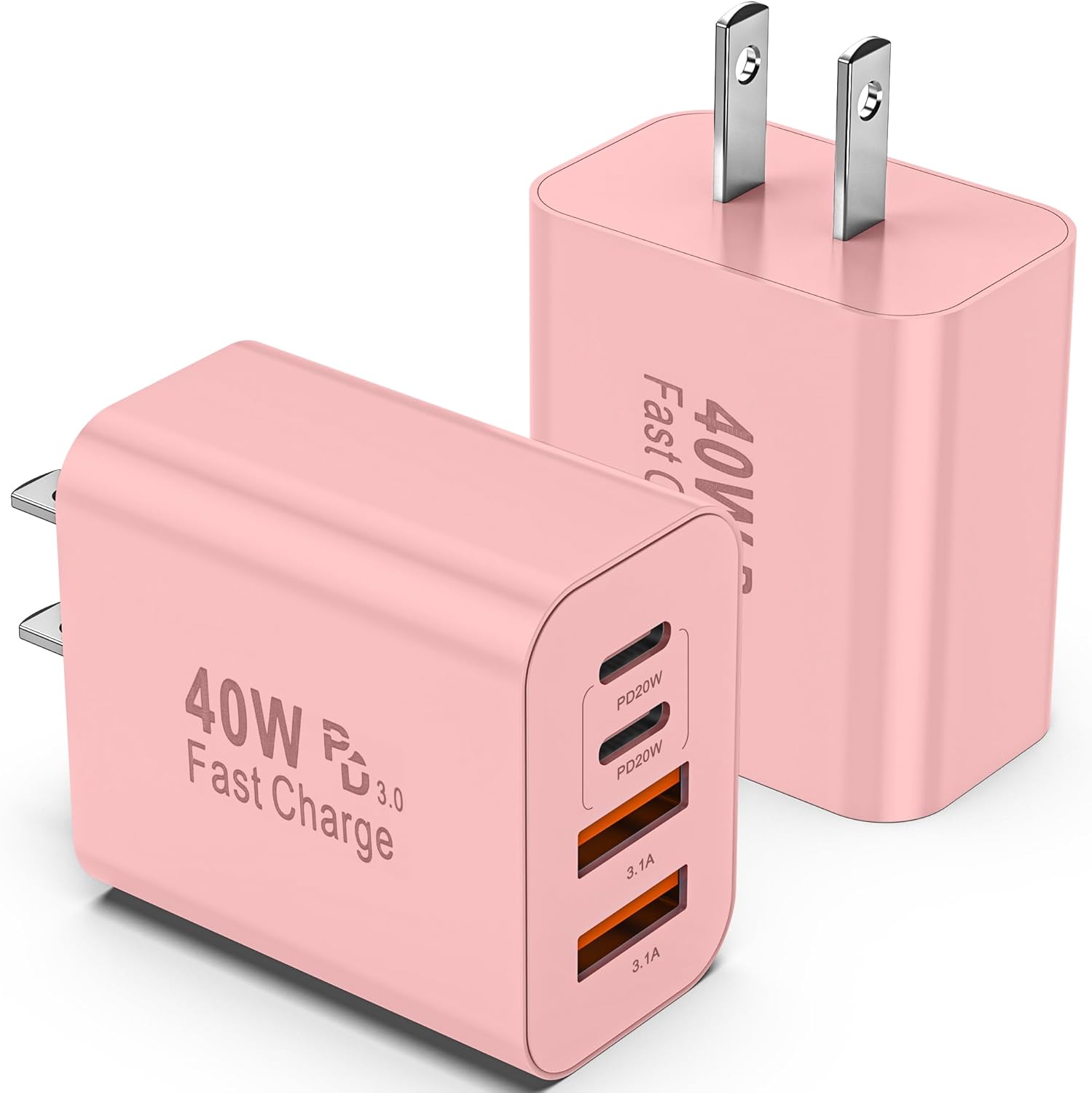 USB C Charger Block, 2 Pack 40W 4-Port iPhone Charger Fast Charging Multiport PD 3.0 & QC 4.0 Double Quick Charge, Compatible with iPhone 16/15/14/13/12/11，Pro Max，iPad, Samsung(Pink)