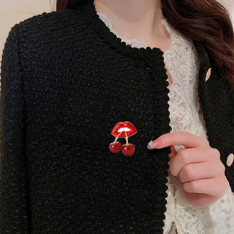 Lips Biting Cherries Fashion Brooch for Women Men Unique Style Sexy Lip Brooches Corsage Lapel Pin Elegant Clothing Accessories for Hat Suit Decoration Pins Dainty Jewelry for Girlfriend Charms Ladies - Image 3