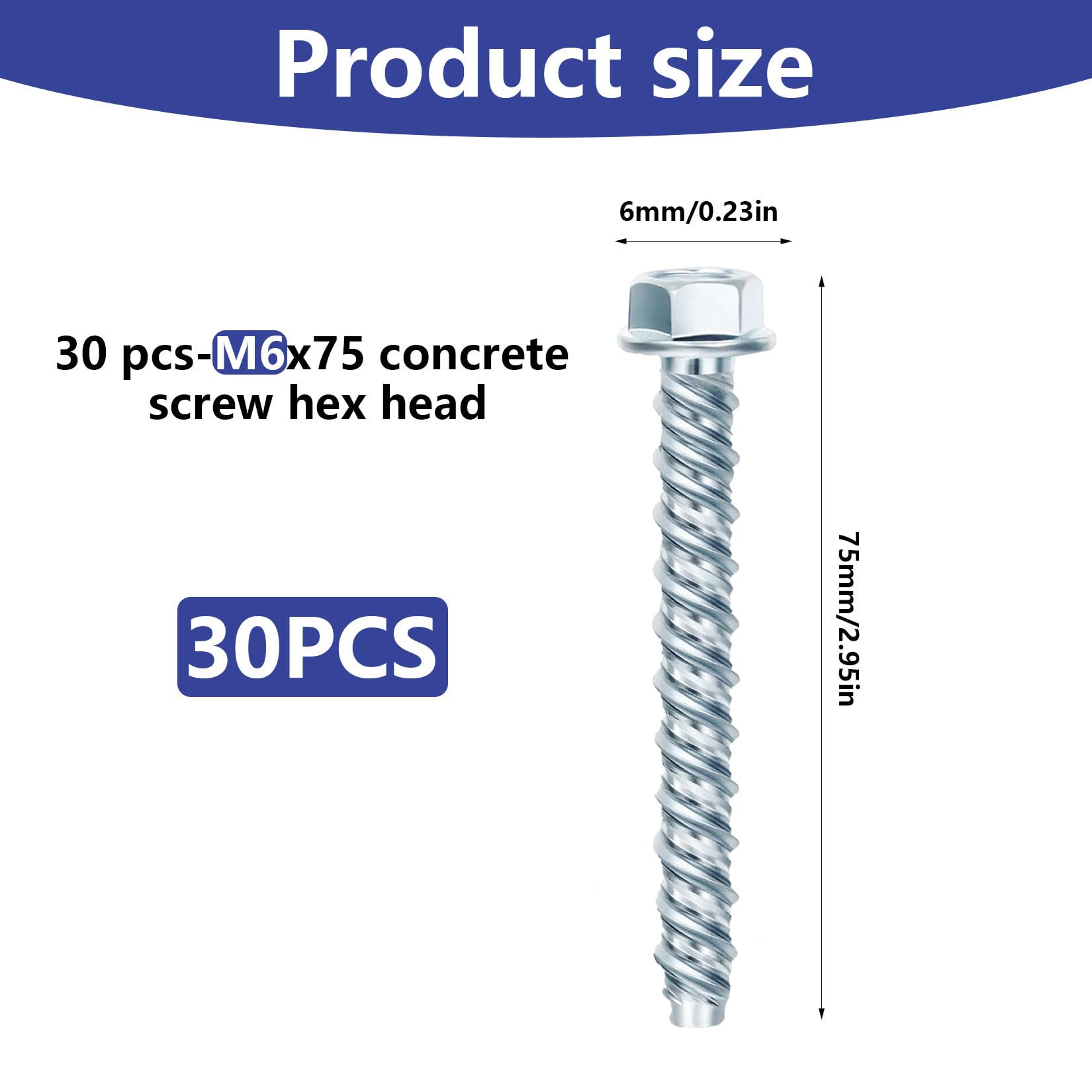 30 Pz M6 Viti per Calcestruzzo M6 x 75 mm, Viti a Testa Esagonale senza Tasselli con Rondella, Tasselli a Vite Zincate per Muratura Industriale e Architettura in Calcestruzzo
