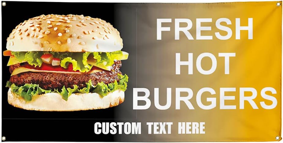Custom Vinyl Banner Multiple Sizes Fresh Hot Burgers Restaurant Cafe Bar Bistros & Caf S Outdoor Weatherproof Industrial Yard Signs 4 Grommets Personalized Text Here 16x40Inches