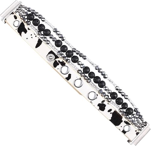 Miniatura 5 de BOKIIWAY Correa de reloj bohemia hecha a mano de piel de leopardo con cuentas compatible con Samsung Galaxy-Huawei, Garmin-Fossil, 0.787 in0.866 in,