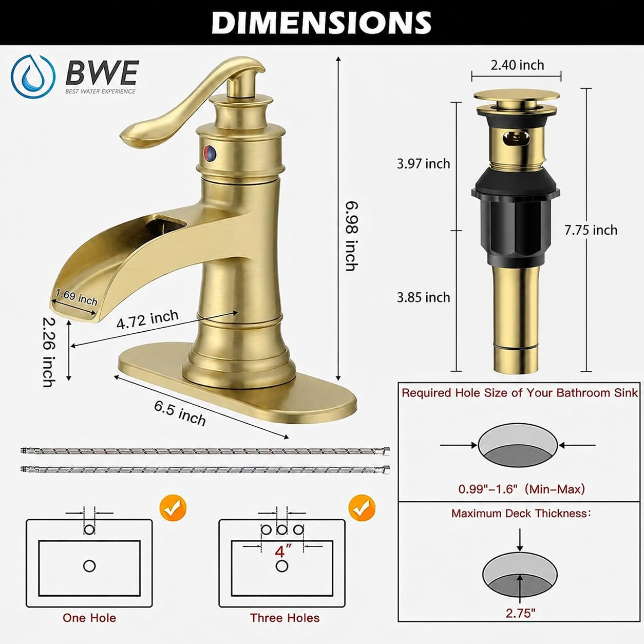BWE Grifo de baño dorado cepillado, cascada, mango único, grifo de fregadero de baño de un agujero, montaje en cubierta, lavabo comercial con montaje de drenaje desplegable y grifo mezclador de placa
