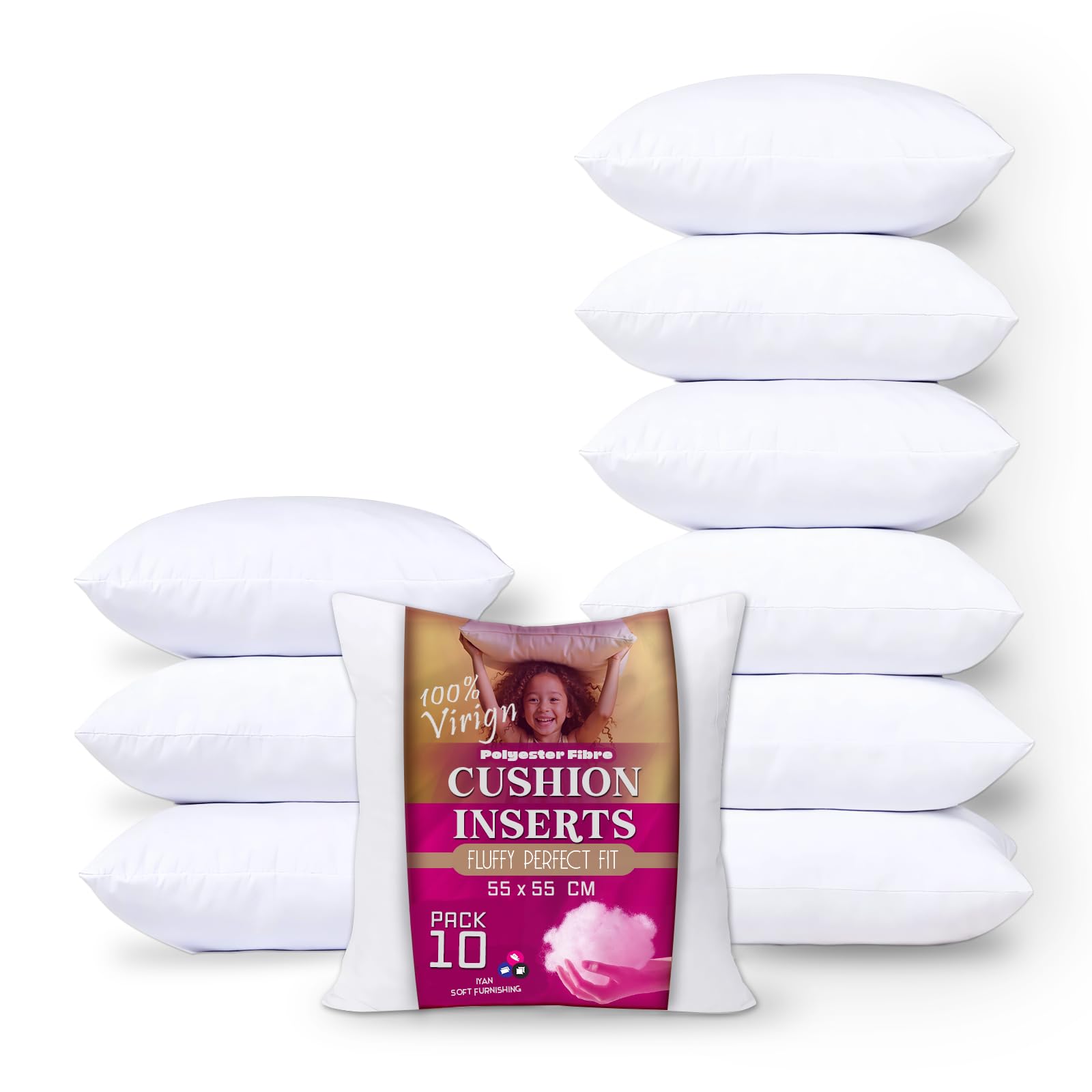Iyan Soft Furnishing White Cushion Inner Pads (Pack Of 10), 35 X 35 Cm (14" X 14") - Hollowfibre Stuffed Square Pillows - Cushion Insert Decorative - Anti-Allergy Made In Britain Uk