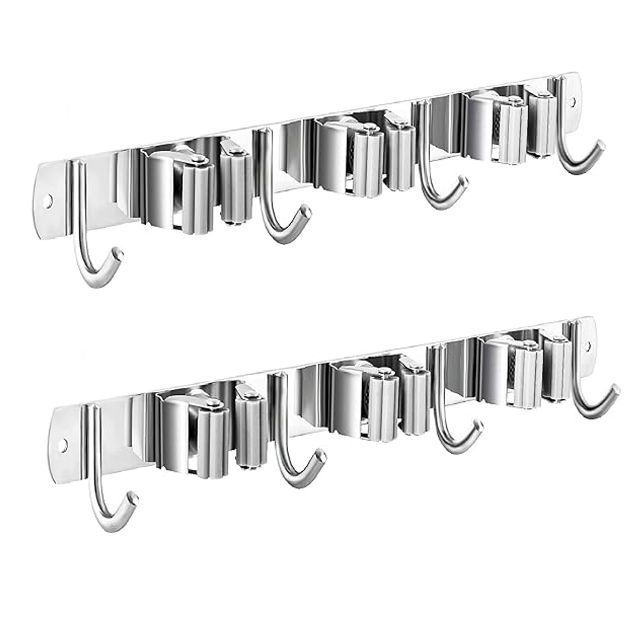 RENVA 2PCS Broom Holder Wall Mount Slots Heavy Duty Stainless Steel Mop and Broom Organizer Rack for Wall, Tool Hanger for Kitchen, Bathroom, Garden, Garage, Home Storage (Silver, Pack 2-3 Slot)-image-0