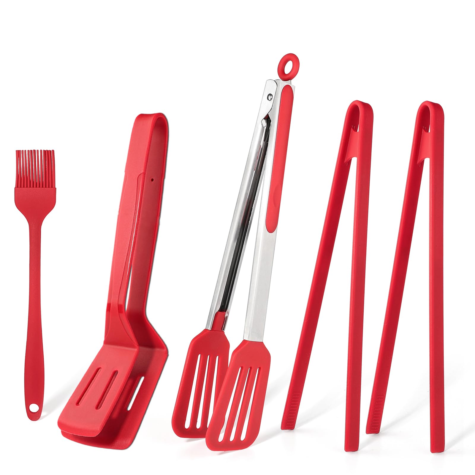 Kitchen Tongs Silicone Set of 5 - Stainless Steel Barbecue Cooking Tongs With Red Silicone Tip for Grilling, Outdoor Camping