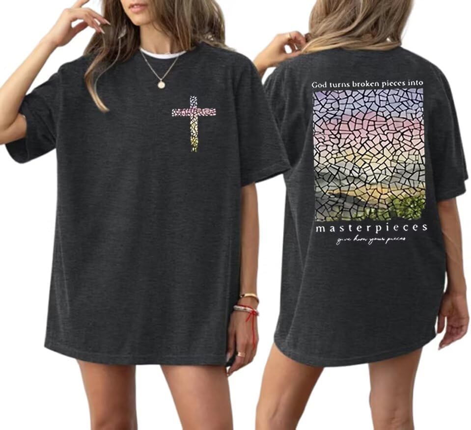 Christian Oversized Shirt for Women Faith Bible Verse Graphic Tee Top Vacation Summer Casual Boho Wildflowers T Shirt