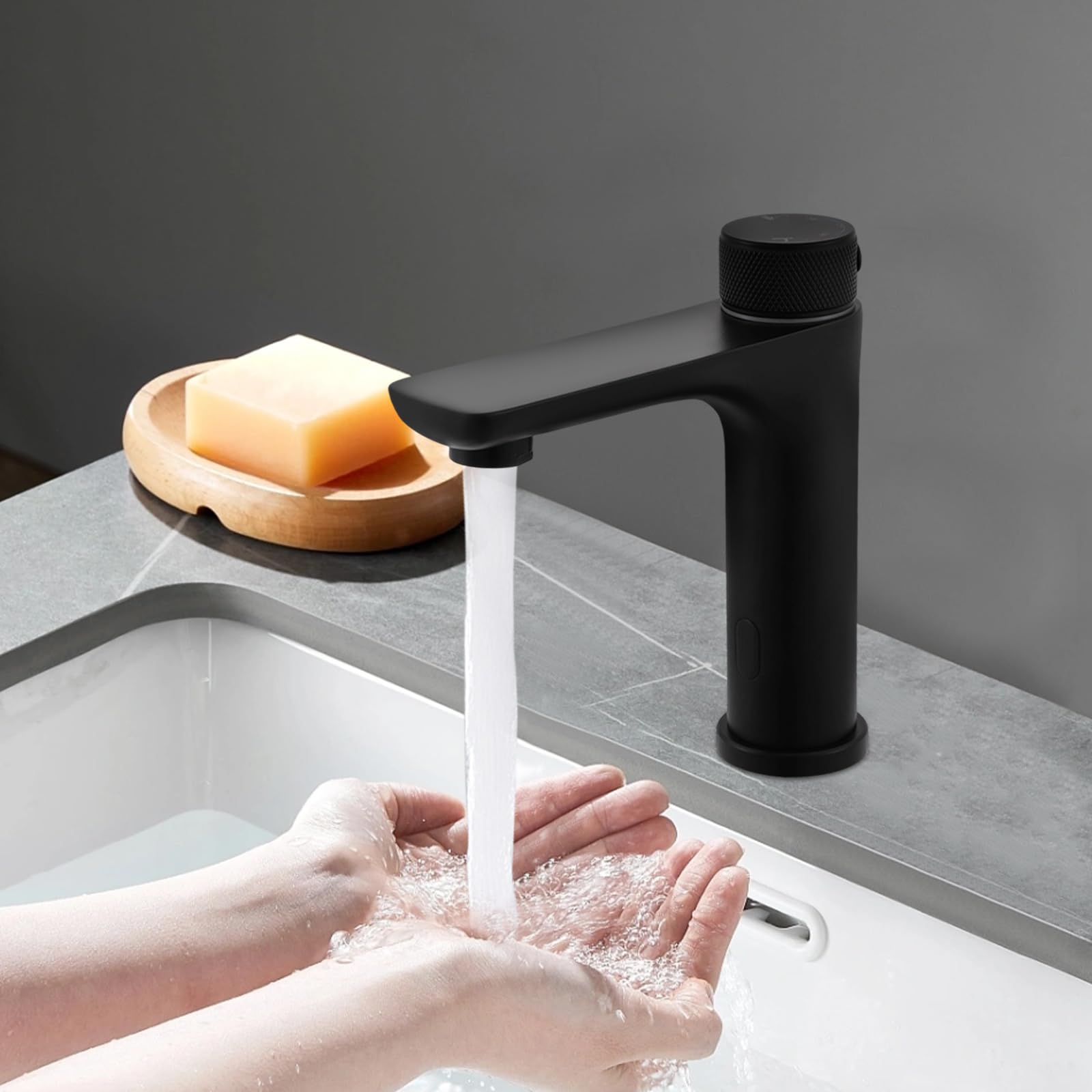 Grifo infrarrojo para baño con sensor, sin contacto, monomando para lavabo, grifo automático de lavabo de acero inoxidable para baño (negro)