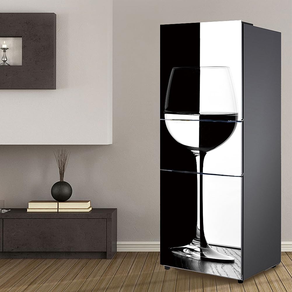 Fridge Stickers, Fridge Sticker Full Covering Door Covers Skins Wall Stickers for Kitchen Decal, Black and White Wine Glass(M: 60x180 cm)