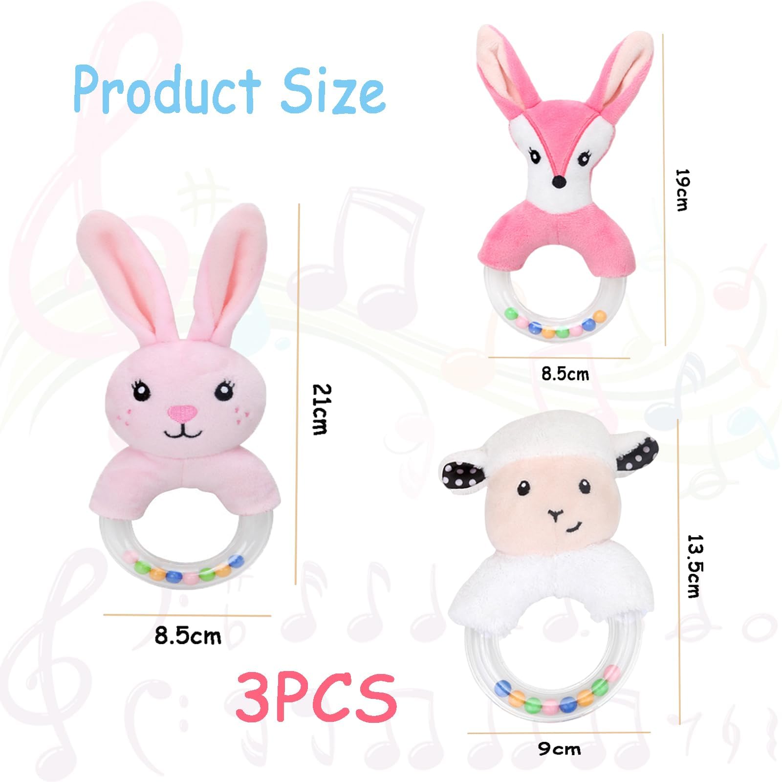 3Pcs Baby rattles Toys for 0-6 Months Sensory Toys for Babies 0-12 Months Early Educational Toy for Toddler Infant Boys Girls Shower Gift (Pink/White)(Fox/Rabbit/Sheep) - Image 3