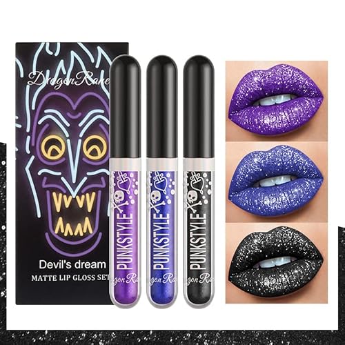 AKARY 3Pcs Matte Liquid Lipstick Set, Glitter Diamond Shining Lip Gloss Gothic Makeup Set 24 Hour Long Lasting Waterproof, Halloween Makeup Lipsticks Gift Kit for Women Girls Party, Cosplay Makeup (Set D)