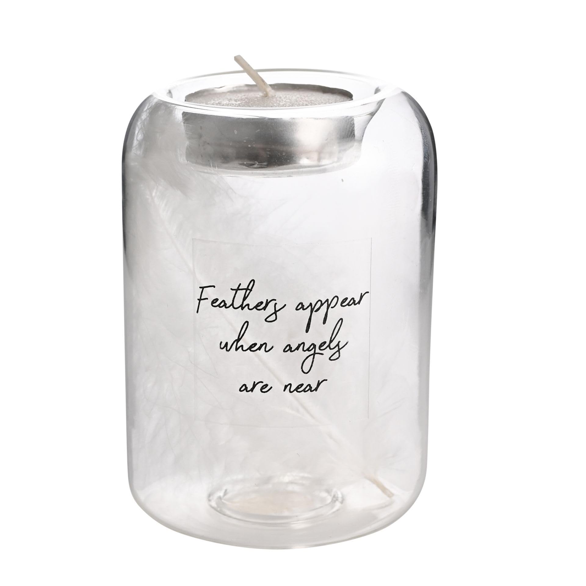 Widdop Thoughts of You Glass Tea Light Holder With Feather Inside, Feathers - Image 3