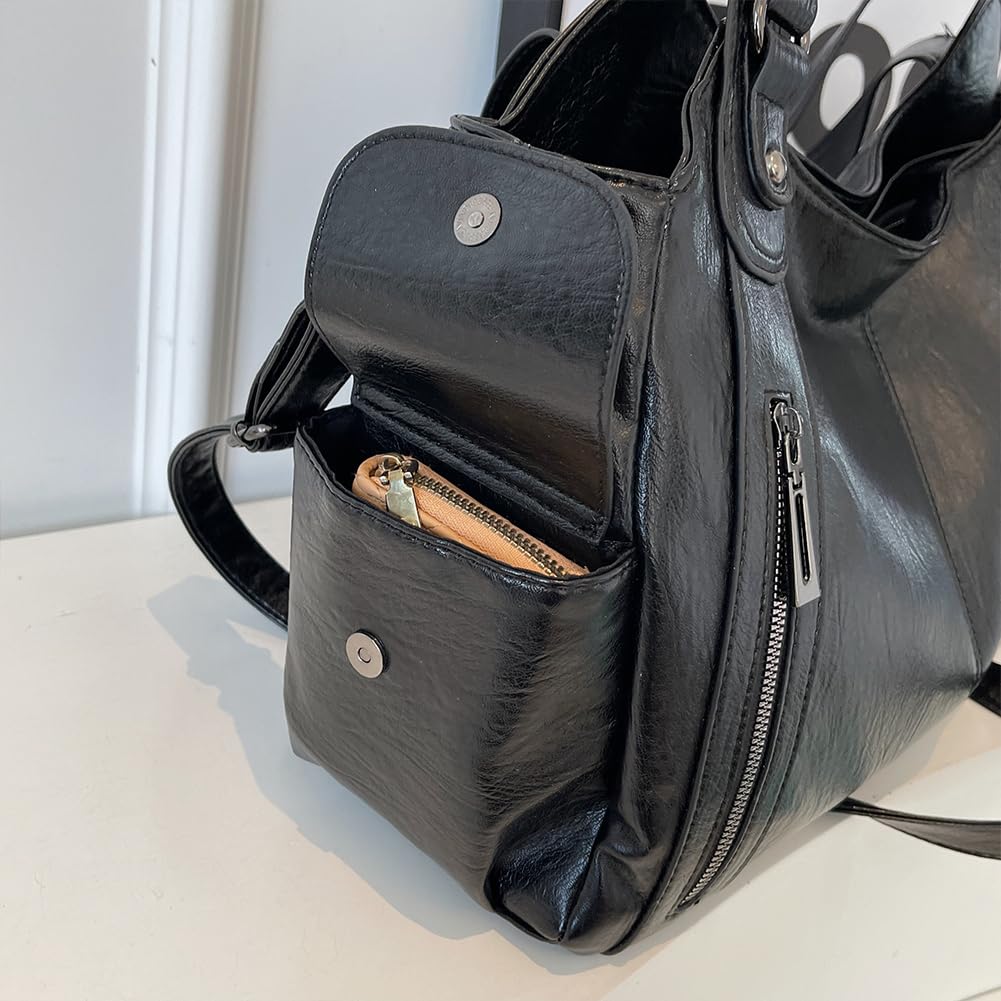 GSenhui Bolso de mano vintage para mujer, bolso de ciudad, holgado, grande, de piel sintética, estilo punk, bolso de hombro para mujer, para viajes, negro