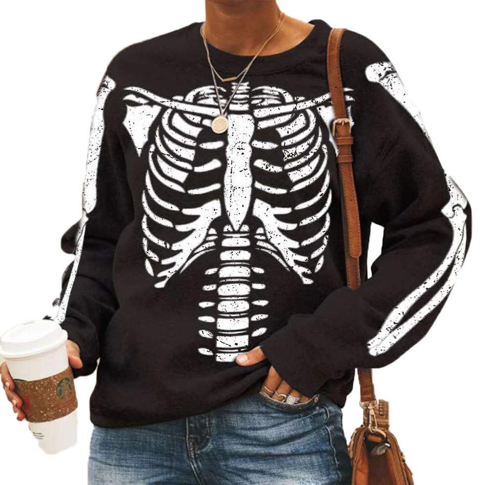 Keepmore Women's Black Halloween Long Sleeve Funny Skeleton T-Shirts Loose Graphic Printed Long Sleeve Pullover Sweatshirt Tops