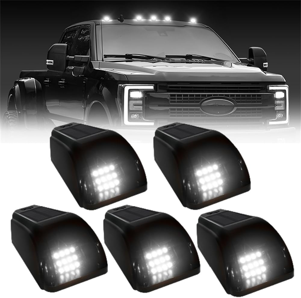 Wireless Solar Powered Cab Lights for Truck, 5PCS No Drill Black Cab Roof Lights with Vibration Sensor, Yellow