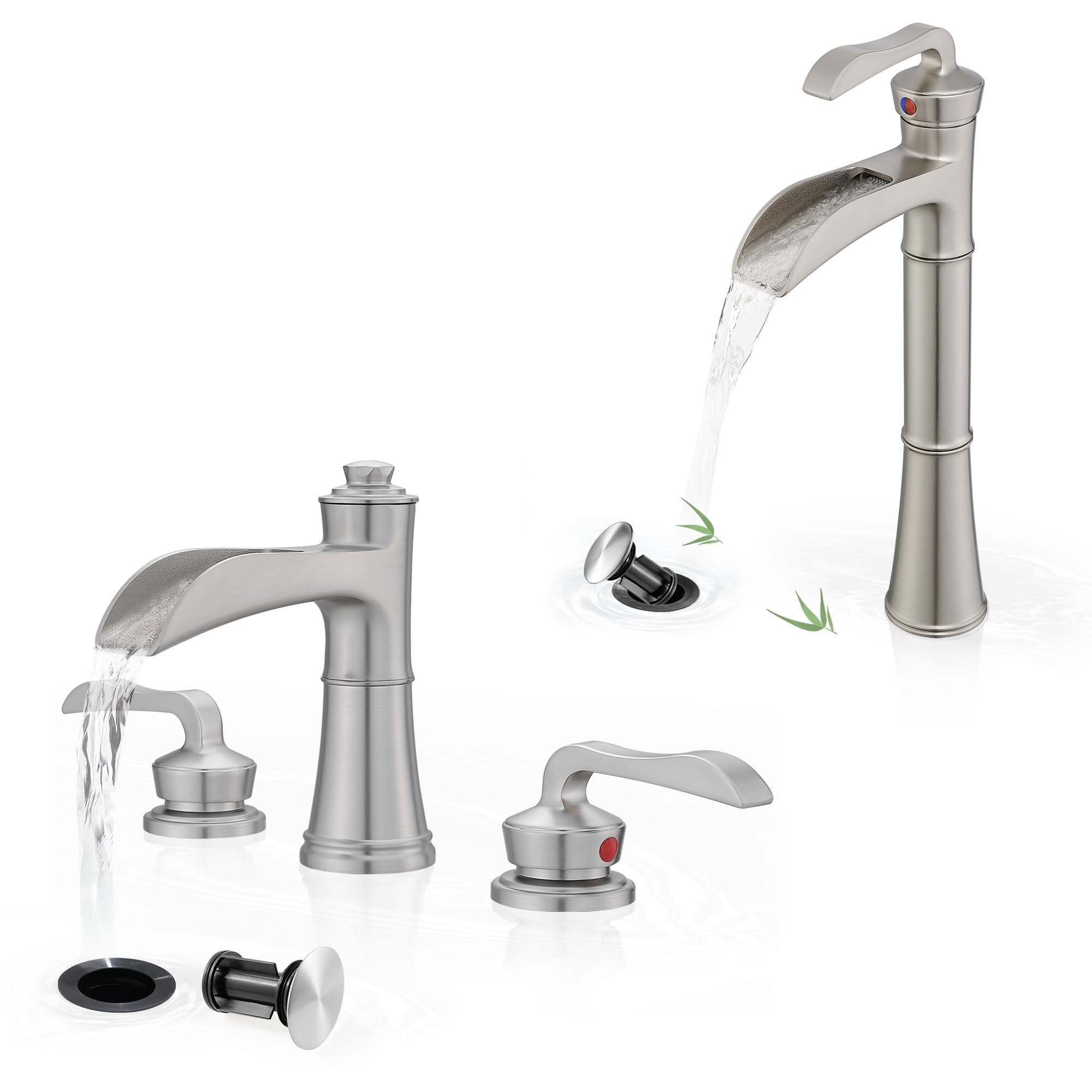 Nfusrxmbk Brass Vessel Sink Faucet Brushed Nickel, Waterfall Bathroom Sink Faucet 1 Hole, Single Handle Bathroom Faucet, Bathroom Vanity Faucets 3 Hole 2 Handle With Supply Water Hoses Pop-Up Drain