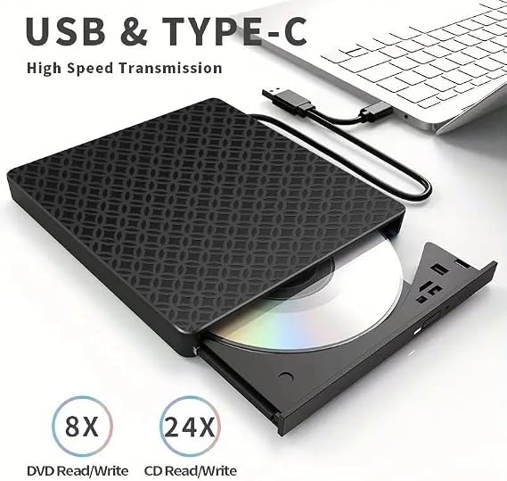 Coverzone 7in1 Harici USB 3.0 ve Type-C DVD-ROM DVD-RW Optik Sürücü, USB ve Type C Kablolu, PC, Tablet, DVD Player, Desenli Tasarım Ultra Slim CD ROM Okuyucu CV440