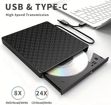 Coverzone 7in1 Harici USB 3.0 ve Type-C DVD-ROM DVD-RW Optik Sürücü, USB ve Type C Kablolu, PC, Tablet, DVD Player, Desenli Tasarım Ultra Slim CD ROM Okuyucu CV440