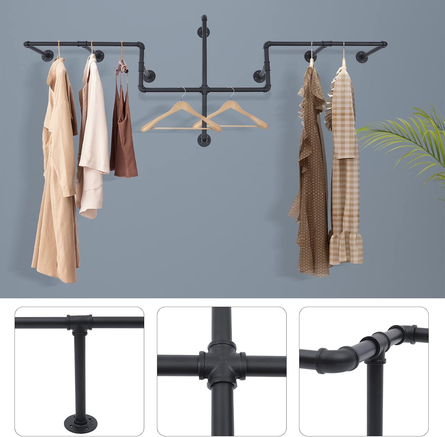 Clothes Storage Rack Industrial Metal Garment Display Hanger Wall Mounted, for Homes, Clothing Stores, Hotels, Laundry Rooms, Boutiques, Studios 85.83 * 30.71 * 10.63in, Black