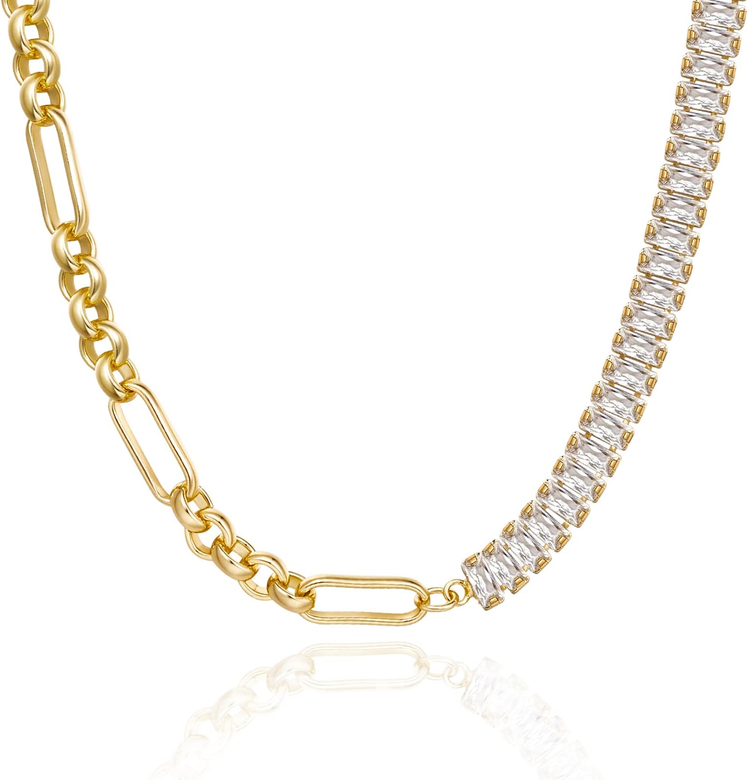 Diamond Tennis Necklace for Women, 14K/White Gold Plated Cubic Zirconia Baguette Tennis Chain Chunky Paperclip Link Cuban Choker Necklace Dainty Jewelry Gifts