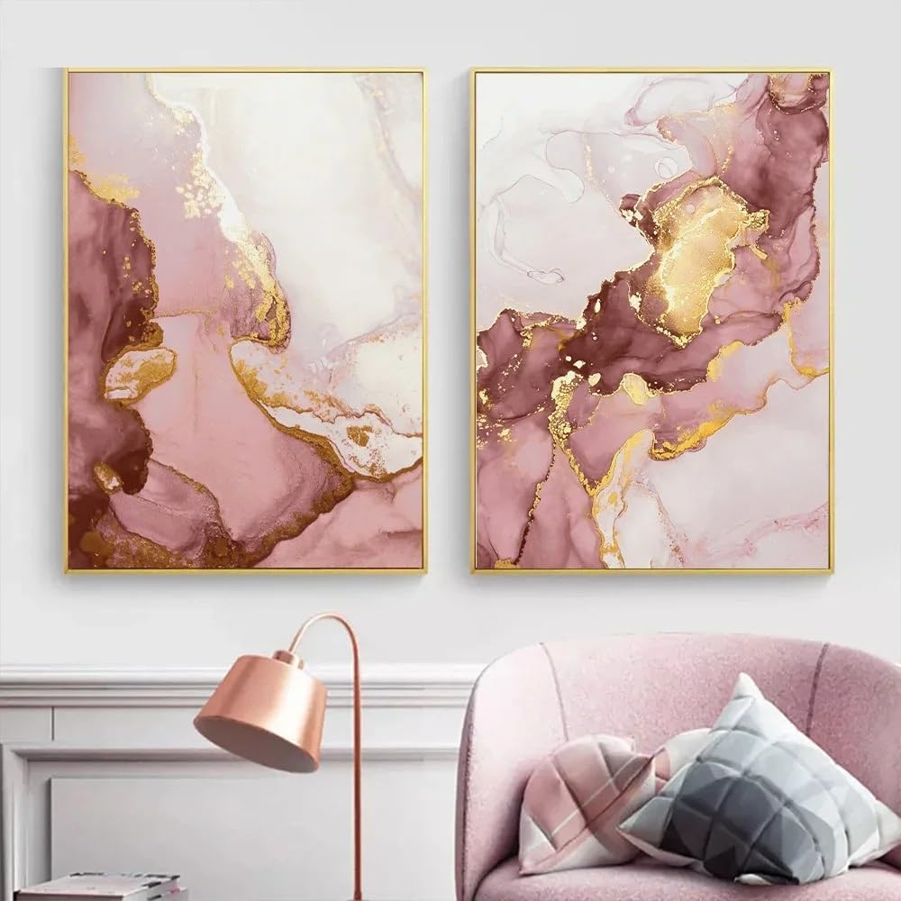 Leinwand Wandkunst,2 Bilder Set-Moderne Luxus Abstrakte Rosa Gold Marmor Wand Kunst Leinwand Malerei Poster Kunstwerk Nordisch Druck Bilder Büro Wohnzimmer Innen Dekor-60*80cm/(24*27 Zoll)ungerahmt
