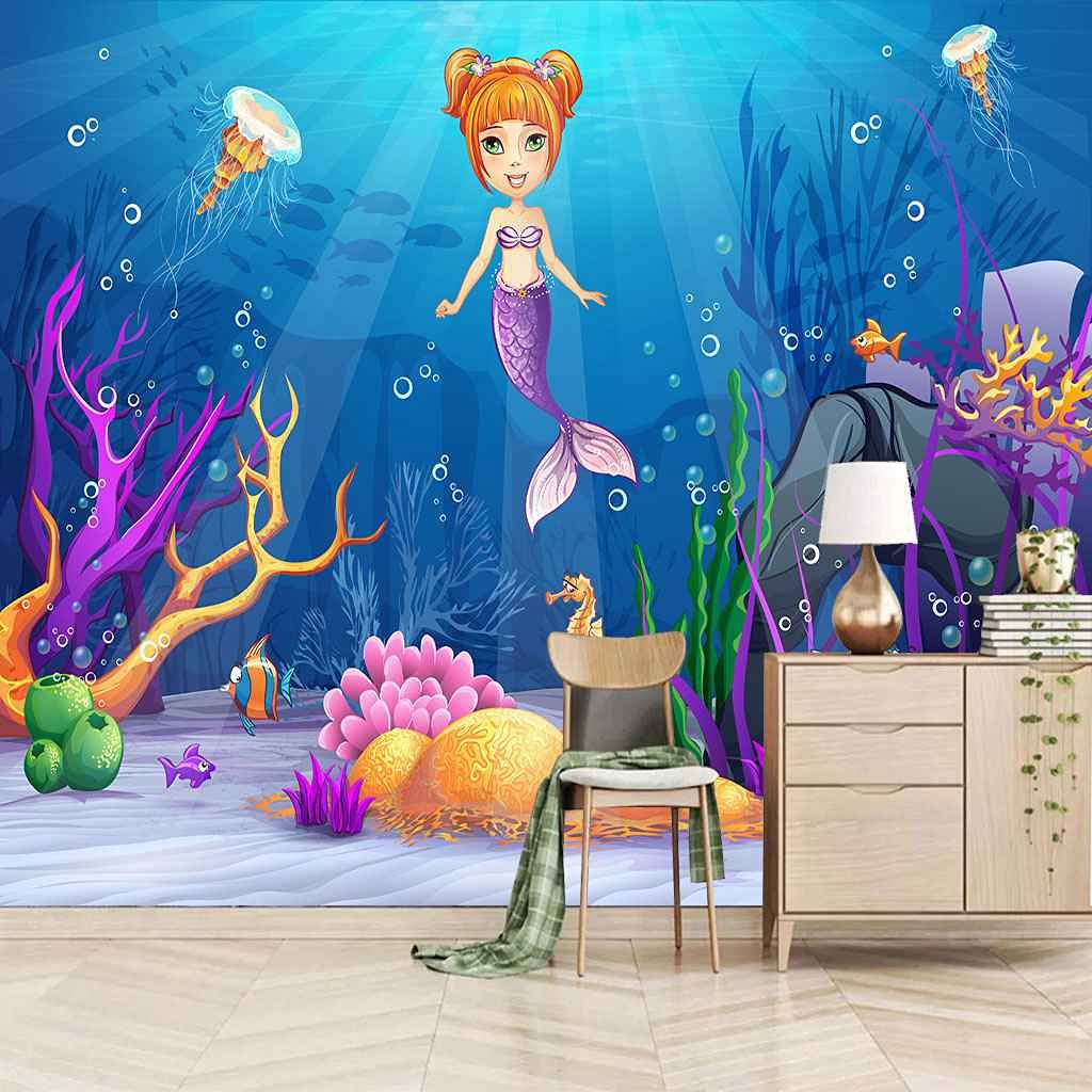 Papier peint sirène bleue auto-adhésif 3D 300x210 cm mural sans colle