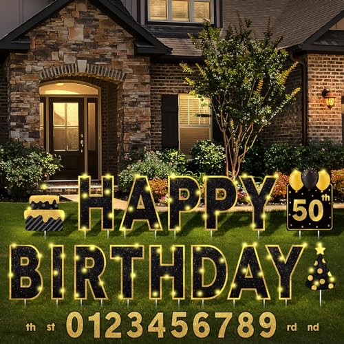Yerliker 16 Pcs Black Happy Birthday Yard Signs with Stakes, 32.8 ft LED Lights, 42 Pcs Number Stickers, 13.4 Inch Letter Sign for Birthday Party Supplies Yard Lawn Outdoor Decoration