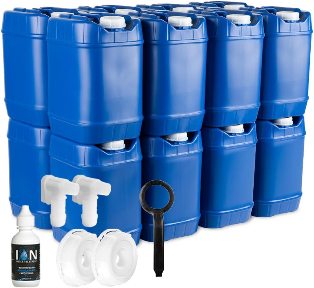 Saratoga Farms 5-Gallon Stackable Water Storage Containers with Lids, Emergency Water Storage Kit Including Spigots, Wrench, and Water Preserver, 80 Gallons