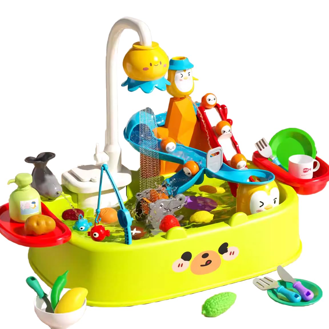 Play Sink with Running Water For Toddlers,Mini Pretend Kitchen Toys for Kids with Automatic Water Cycle System,Tableware Accessories,Vegetable,Fruit,Track,Pretend Role Dishwasher,Gifts for Boys Girls