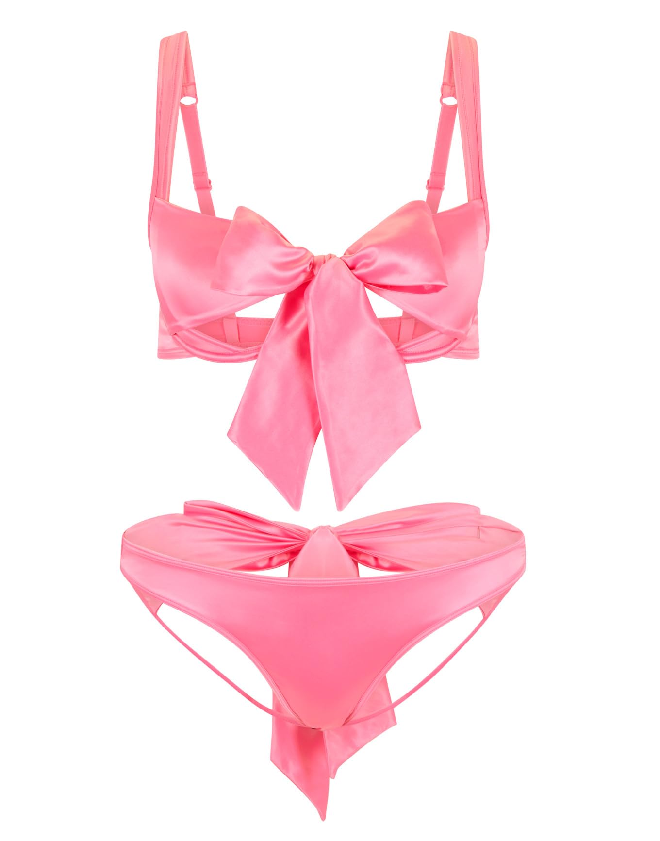 Adore Me Gynger Unlined Quarter Cup Bow Bra & Bikini Panty - Underwire Satin Balconette Bra for Women & Satin Panties with Bow Tie, Medium Pink, XL