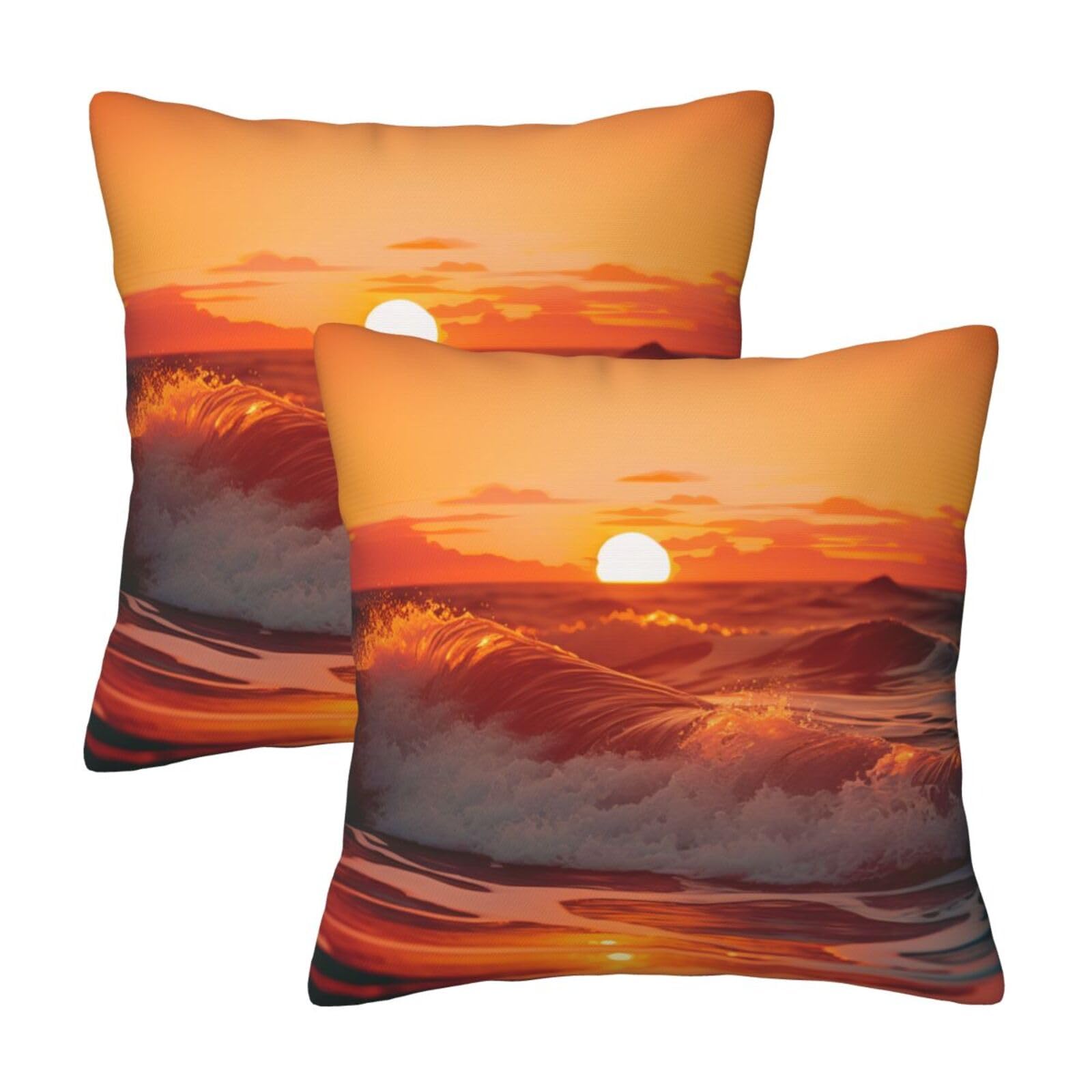 sunset with sea waves Throw Pillow Cases 2 Pack Square Pillowcases Soft Pillow Protectors for Couch Livingroom Sofa Bed Office Car,45x45 CM