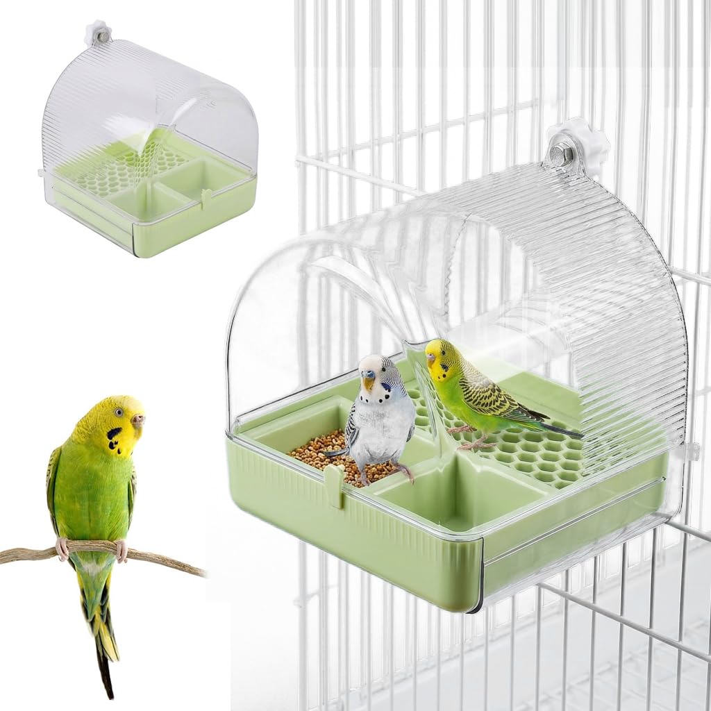 Qpets®3-in-1 Bird Bath & Feeder Box Bird Cage Mounted Bathing Dome with Dual Food Trays & Grid Perch Platform, BPA-Free Bird Cage Feeder and Bath Station, Removable Cleaning Base, 16x17x18.5cm-image-4