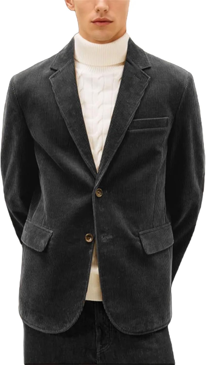 Men's Brown Corduroy Thermal Suit Jacket Heat-Retaining Fine Stripes Formal Business Coats