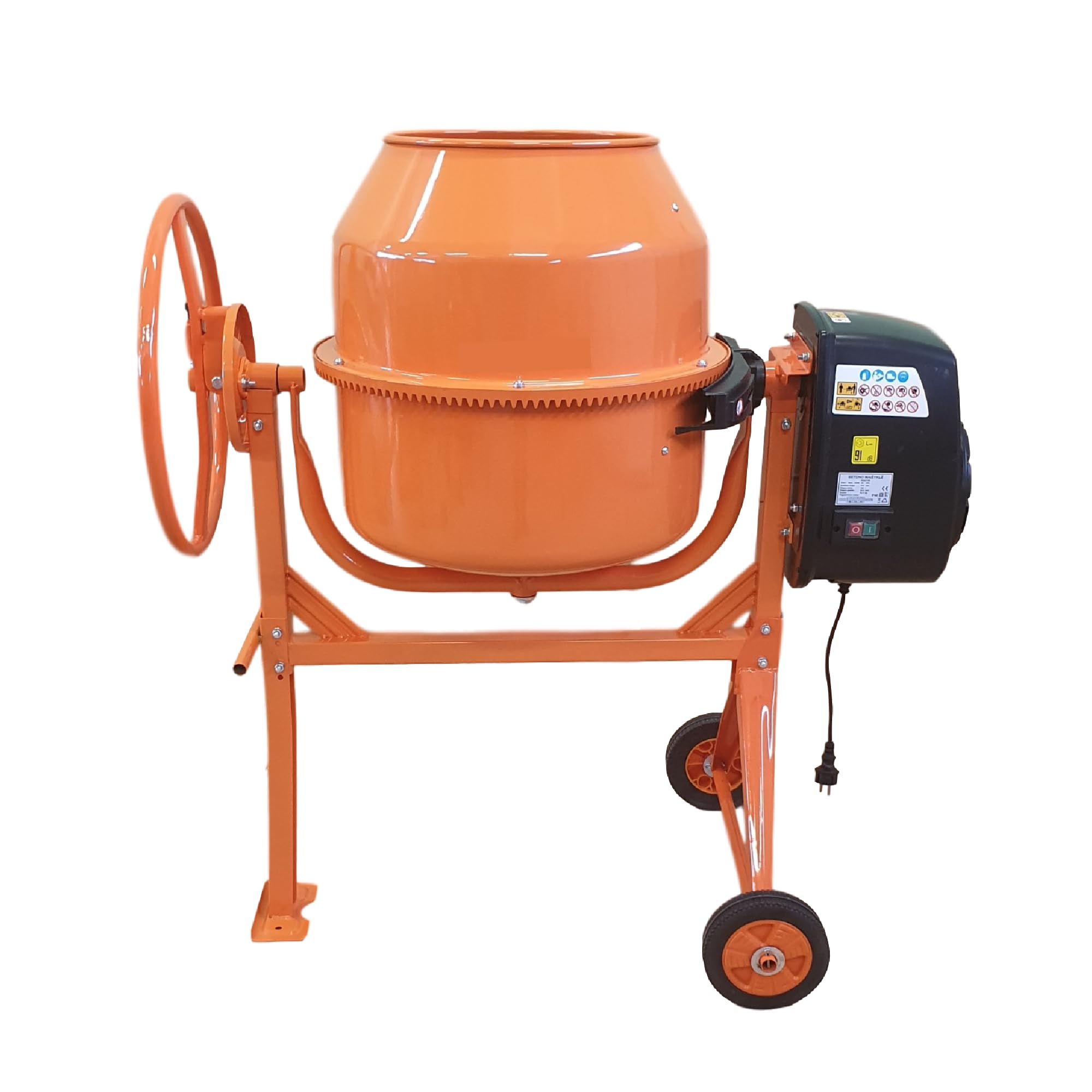Betonmischer BAU140, 140L Trommel, 650W Motor, Orange, Stahlrahmen mit Metall-Zahnkranz, Kunststoffräder, Kipp-Handrad