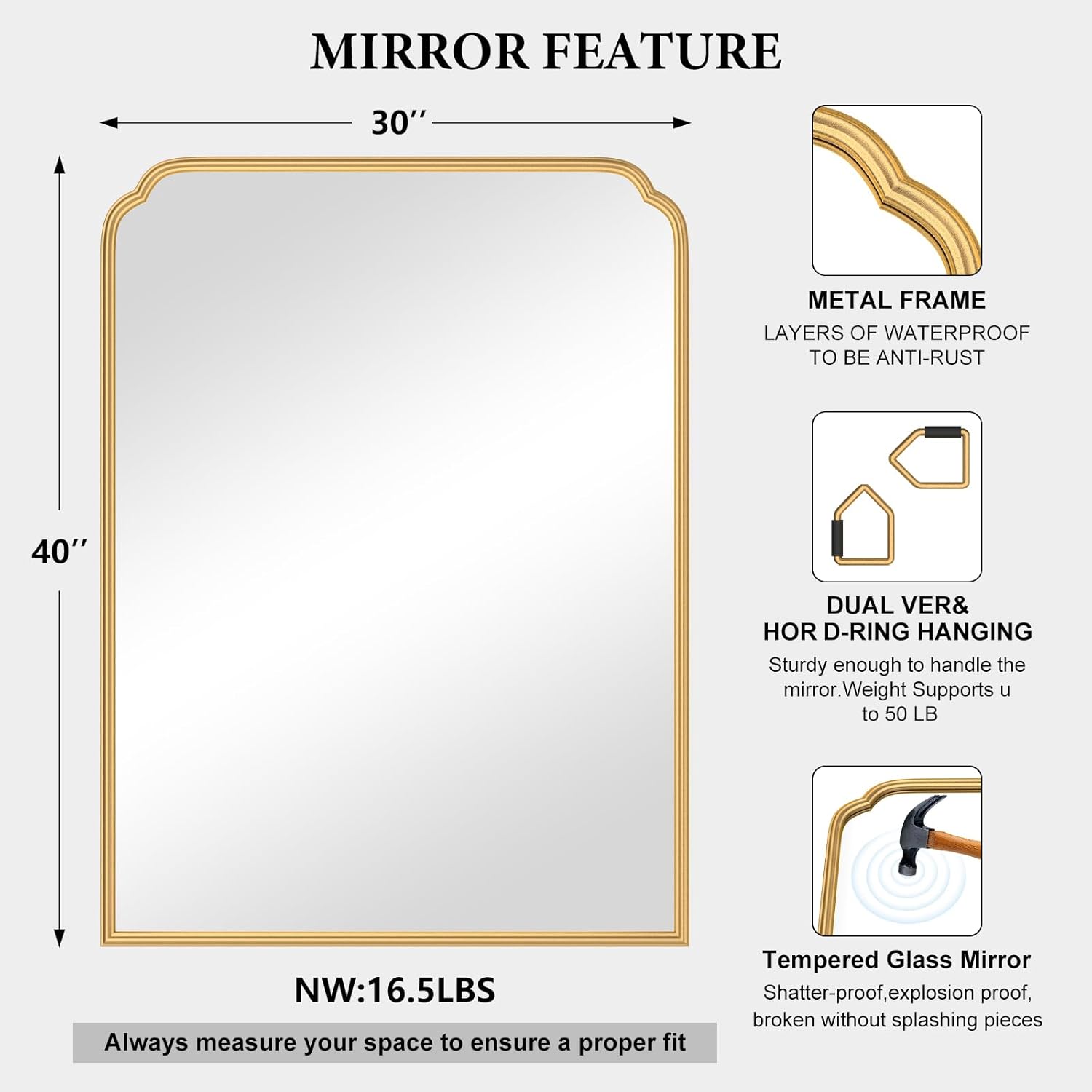 Ferytange 30X40 Inch Gold Bathroom Mirror for Vanity, Modern Rounded Corner Large Wall Mirror for Over Sink with Non-Rusting Iron Metal Framed (Tempered Glass)
