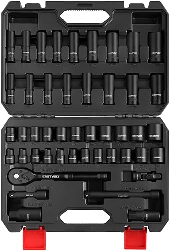 Miniatura 2 de Eastvolt Kits de herramientas mecánicas juego de llaves de transmisión juego de 46 piezas con trinquete reversible de 72 dientes métricoSAE ASK06