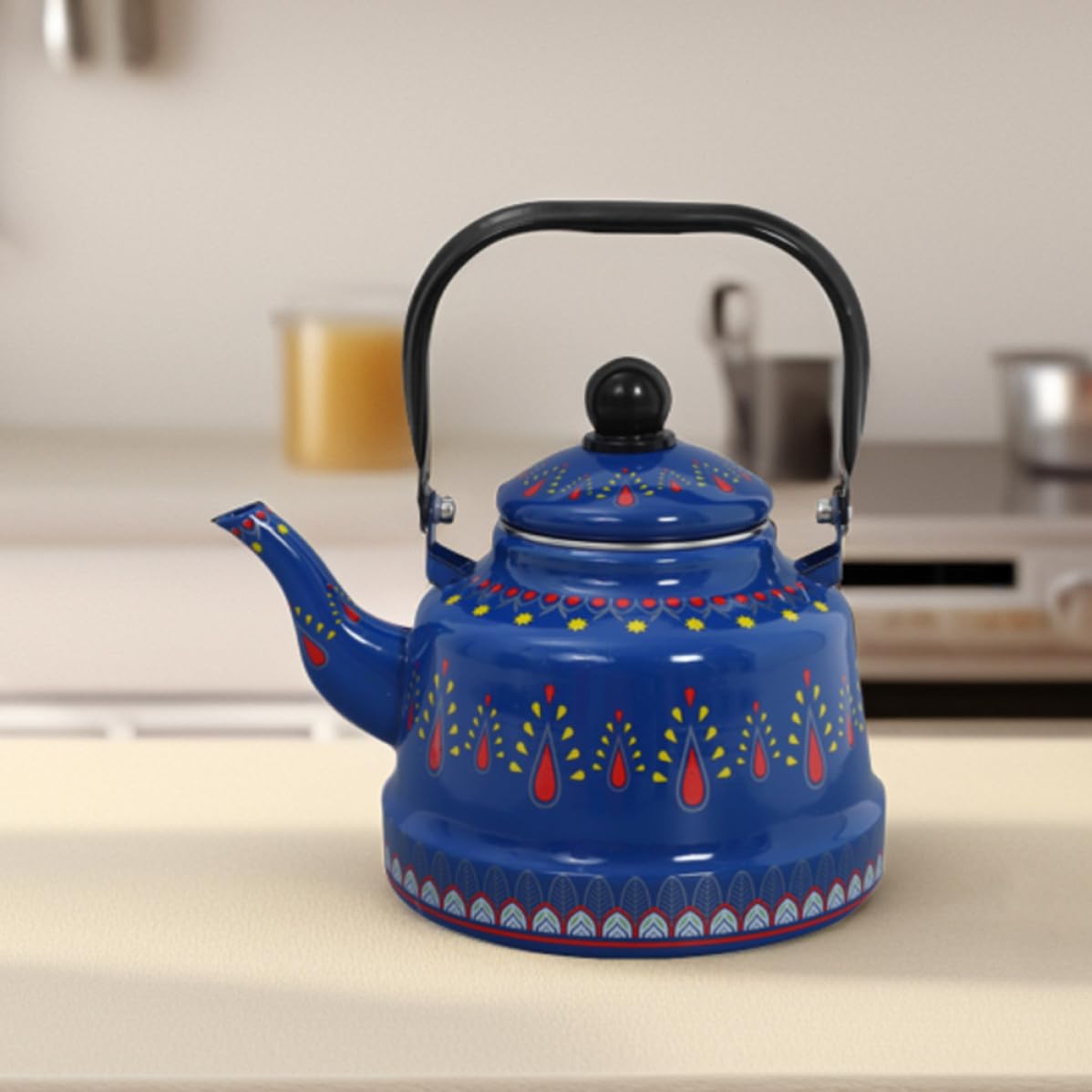jojofuny Tetera Esmaltada Vintage de 1.7 L para Hervir Agua Rápido en Cocina, Hervidor de Agua con Diseño Retro y Uso Versátil para Hogar y Camping